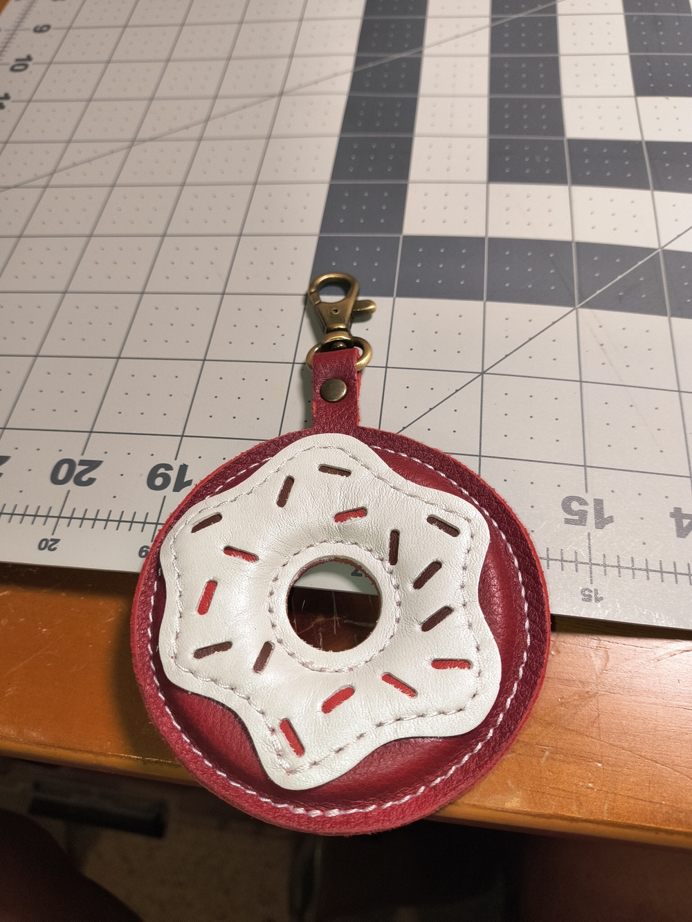 Portland Leather Red and White Donut Keychain Charm